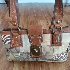 Retro Coach Legacy Animal Print Patchwork Brown Leather Handbag B0793 10816
